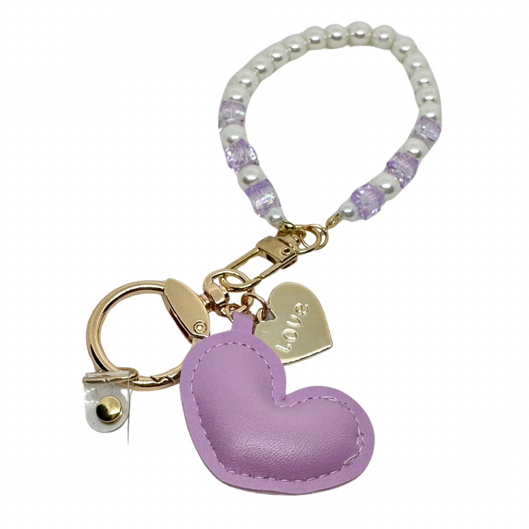 Sleutel/telefoon hanger Love lila block en parels