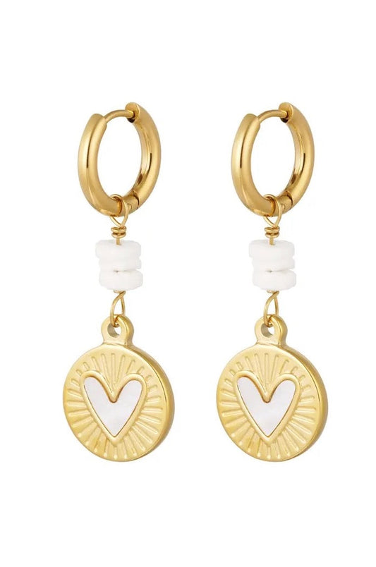 Oorbellen hangende hart coin - goud/wit