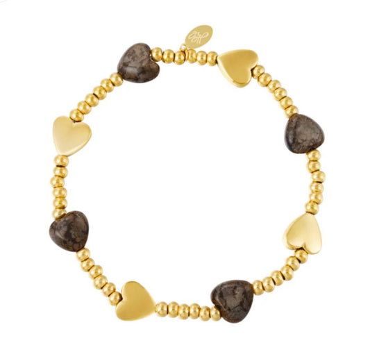 Armband Kralen met hartjes — goud/bruin